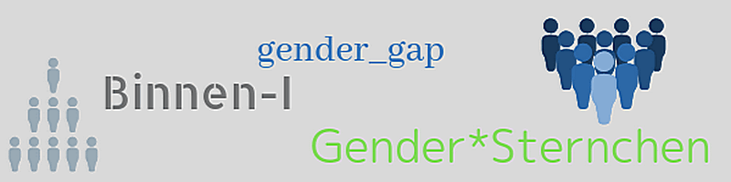 Banner mit Wörtern: Binnen-I, Gender-Gap, Gender-Sternchen und Symbolen für Gruppe von Menschen